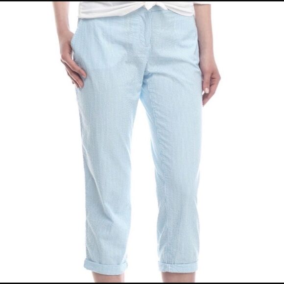 Crown & Ivy Blue Seersucker Crop Pants Size 6 - Picture 1 of 9